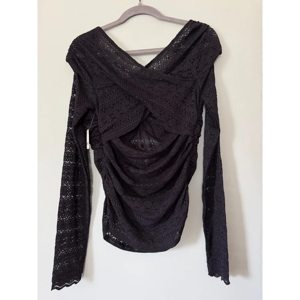 Free People Hold Me Closer Top Black Lace V-Neck Long Sleeve Shirt Large NWT NEW